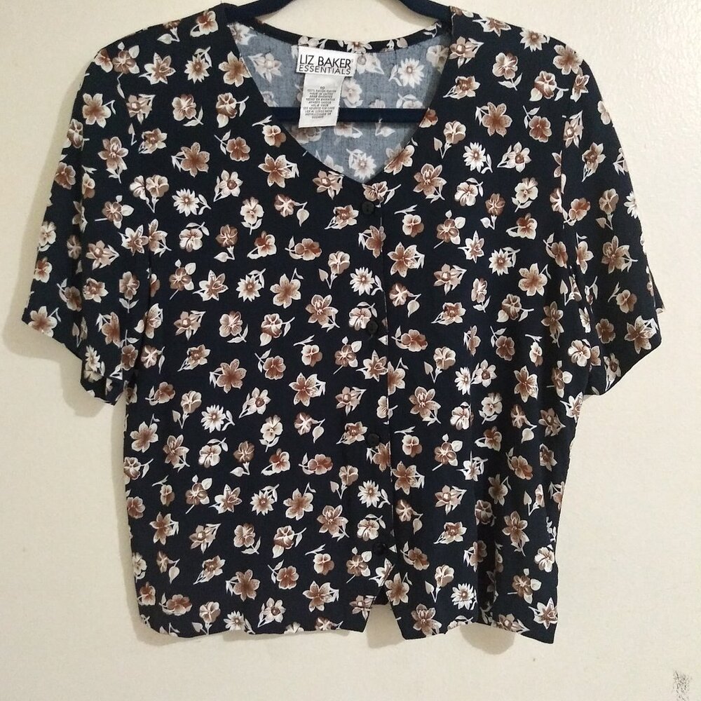 Liz Baker Essentials Floral Cottagecore Black & Brown Button-Up Short Sleeve